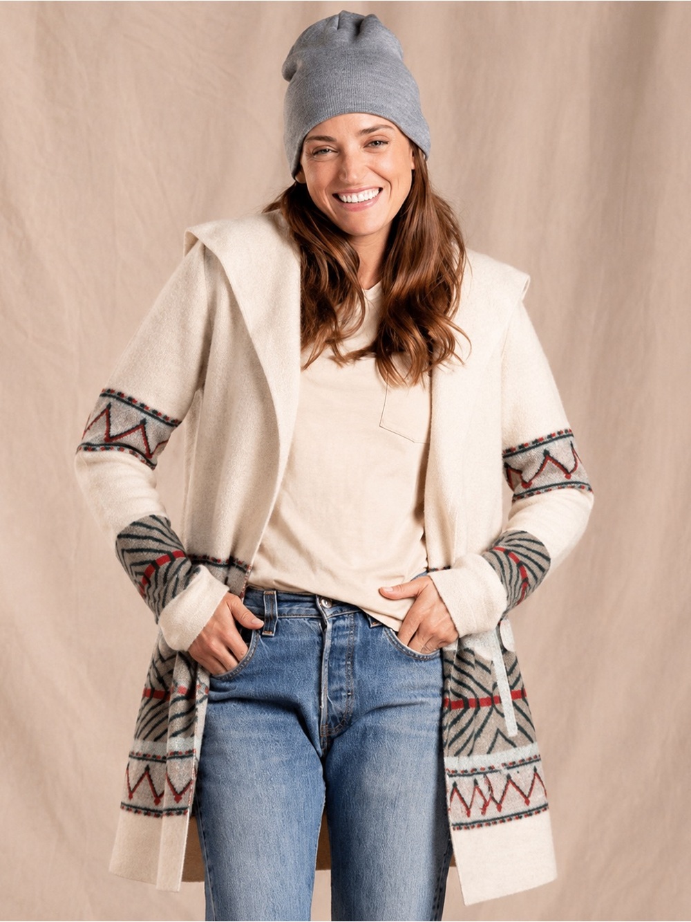 Toad & Co. Heartfelt Hoodie 100% Wool Chai Fair Isle Open Cardigan XS